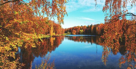 Beautiful sunny autumn landscape with calm lake in park and trees with yellow autumnal foliage