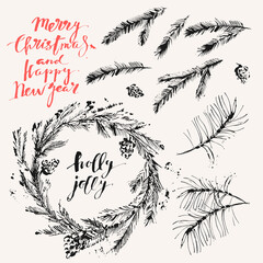 Hand drawn ink Christmas and new year design elements set.