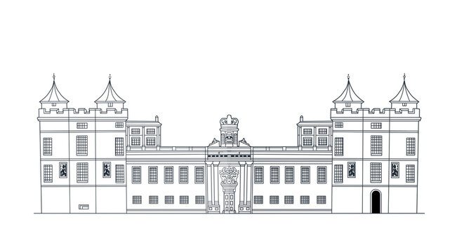 A digital line drawing of Holyrood house, Edinburgh, Scotland