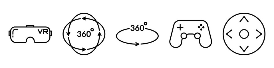 VR line icon set isolated on white background. Virtual reality outline icons for web design, mobile apps, ui design and print. 3D visualization technology