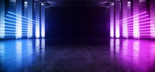 Large Hangar Garage Spotlights Neon Lasers Purple Blue Glowing Empty Warehouse Tunnel Corridor Concrete Floor With Columns background Modern 3D Rendering
