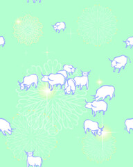 The new 2021 year of the bull. Seamless winter pattern. Blue background with white bulls. Snowflakes and sparkles.Graphic hand drawing for holiday backgrounds, packaging, labels, postcards, textiles.
