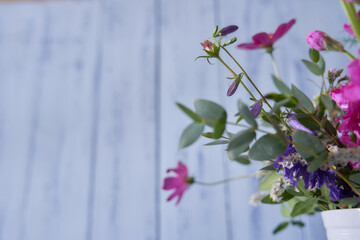 Close-up of multicolored wildflowers standing in a white vase against a blue wall   