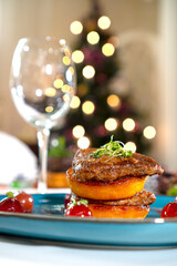 Christmas dishes. Foie gras liver closeup.