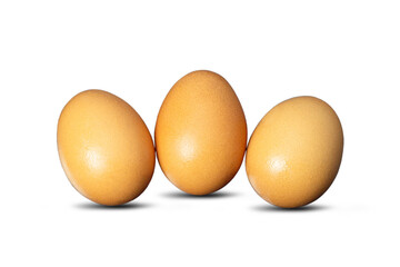 Three chicken eggs raw food material for cooking ingredients on isolated white background