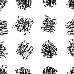 Vector black and white seamless pattern with ink splash, blot and brush stroke spot spray smudge, spatter, splatter, drip, drop, ink smudge smears Grunge textured elements design background.