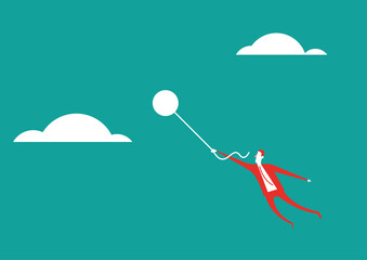 A man flies with a balloon in his hand. Flat vector illustration.