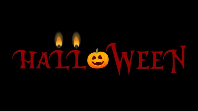 On a transparent background the word "Halloween", in the middle of the word is a smiling pumpkin and a lit fire of candles above the letters "L". The letters "E" become a castle. 2D animation.