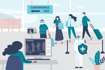 Medical workers checks body temperature of passengers at airport terminal. Staff in uniform and masks. Public safety concept.