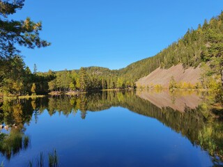 Reflection of the sky and mountains in the blue water of the lake - Oslo, Str&oslash;msdammen