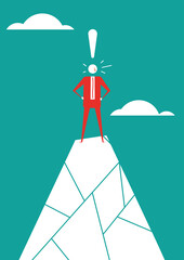 Man with idea on the top of a mountain. Flat vector illustration