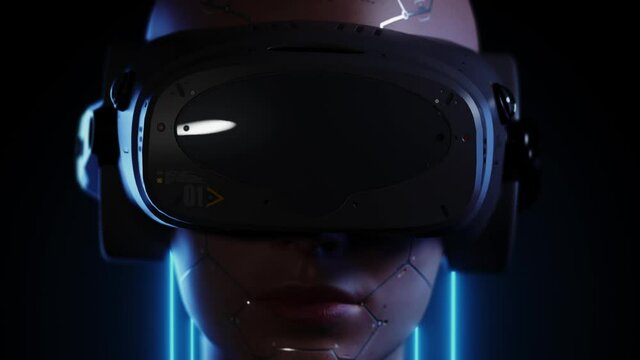 portrait of a girl in a VR helmet. dynamic scene as a girl looks around while in virtual space