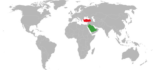 Turkey, Saudi Arabia countries isolated on world map. Gray background. Business concepts and Backgrounds.