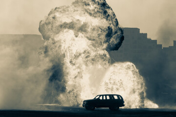 Close up of a Military strike or strike or bomb in war on an SUV with tanks causing fire balls and...