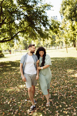 Fototapeta premium Beautiful wife and cute husband walking at the park, smile, pretty woman hold a strong hand of lovely man, loving couple making happy moments together, healthy relationship concept