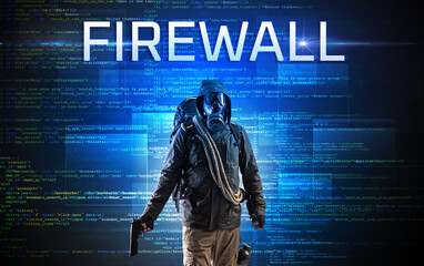 Faceless hacker with FIREWALL inscription on a binary code background