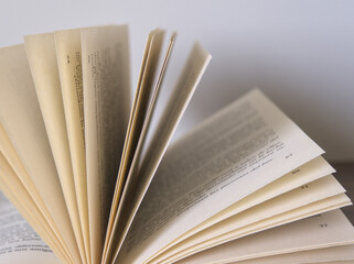 Close up of an open book with yellowish pages