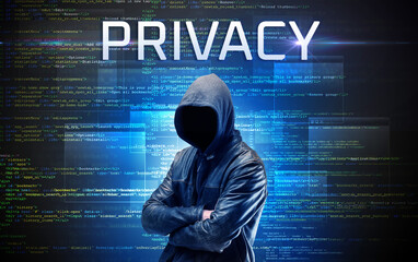 Faceless hacker with PRIVACY inscription on a binary code background