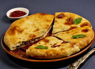 Khachapuri in Ossetian style-with tender Imereti cheese and juicy beef meat, spicy spices and finely chopped herbs.