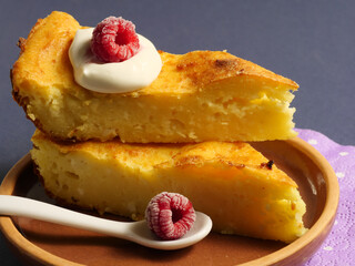 Cottage cheese casserole with raspberries and sour cream on a white platter. Close up. Good nutrition.