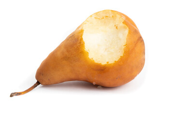 a juicy Bosc pear with a bite taken out of it isolated on white