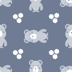 Seamless baby pattern with cute sleeping bear. Blue background. Flat baby texture for fabric, packaging, textile, wallpaper, clothing. Vector illustration

