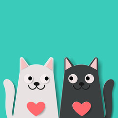 Vector paper art and landscape, Digital craft style of funny cartoon cute black cat and white cat on green background. Anniversary, Valentine Day concept.