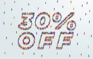 30 Percent off. Large group of people form to create a shape 30% off. Special Offer Sale Design. Vector Illustration of advertising banner.