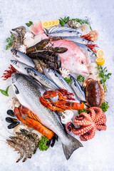 Fresh seafood on ice background. - 378992593