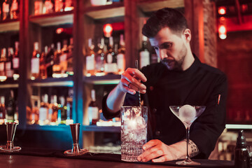 Bartender mixing cocktail in pub