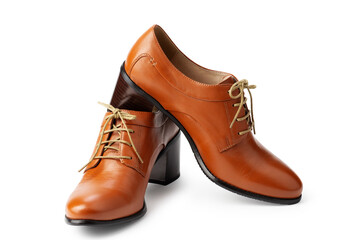 women's brown high-heeled shoes with laces, isolate on a white background