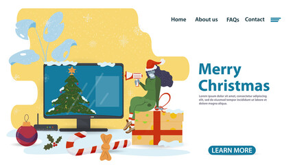 banner for Christmas and new year design of web pages mobile applications little elf sitting on a box with gifts in front of a monitor with a spruce tree flat vector illustration