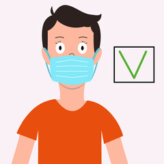 How to wear a medical mask correctly. Young guy in a medical mask on his face. The right decision.