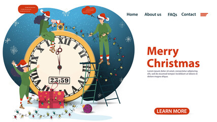 Naklejka premium banner for design of Christmas and new year design of web pages mobile applications small people nearby wait for hours for the new year to come flat vector illustration