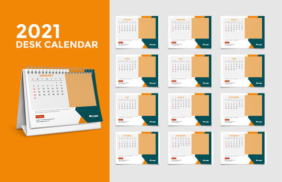 Calendar 2021, Set Desk Calendar template design with Place for Photo and Company Logo. The week starts on Sunday. Set of 12 Months