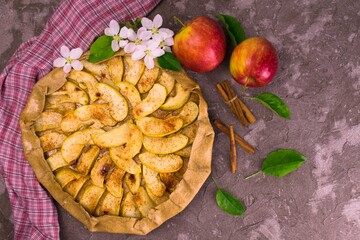 
Traditional apple pie, decorated with apple tree color. Flat lay. Copy space.
