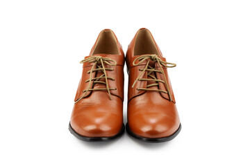 women's brown high-heeled shoes with laces, isolate on a white background