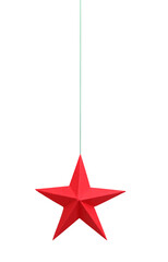 A red origami paper star haning with string