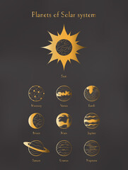Planets of solar system vintage poster. Sun, Mercury, Venus, Earth,Moon, Mars, Jupiter, Saturn, Uranus, Neptune isolated set. Vector illustration in outline style with golden gradient. Icon, logotype