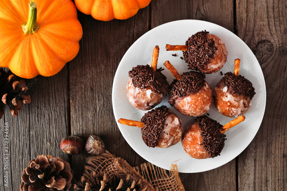 Poster autumn acorn shaped pumpkin spice donut holes. top down view table scene on a rustic wood background