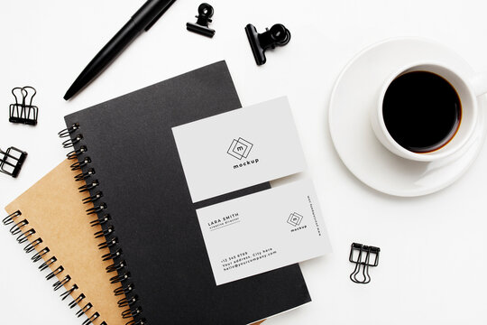 Elegant business desktop with visit card mockup on white background