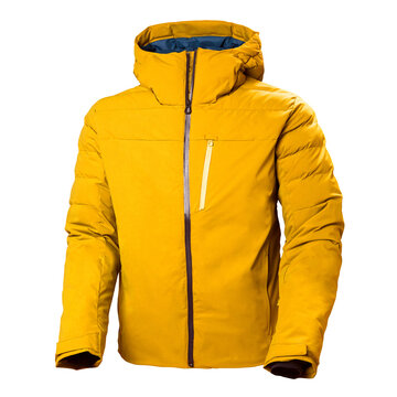 Yellow Ski Jacket Isolated On White Background. Waterproof Winter Coat With Adjustable Hood. Water Resistant Windproof Outwear. Mountain Hooded Clothing Wear. Side Front View Down Jacket