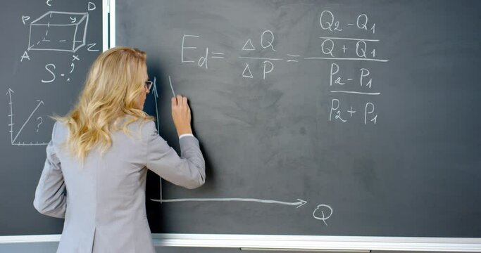 Back view on Caucasian female lecturer writing math or physics formulas and drawing graphic with chalks on blackboard. Female teacher working at school. Lesson of mathemathics concept. Rear.