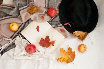 Fototapeta na wymiar Autumn flat lay with a book, beige scarf, hat, autumn leaves, autumn mood