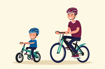 Active holidays. Father and son are riding bikes.