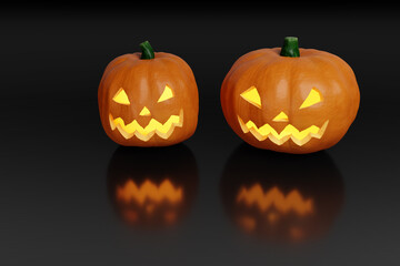 Two halloween pumpkins isolated on black background. 3d illustration.