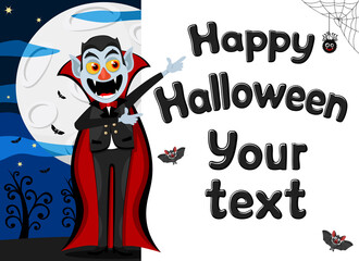 Dracula points to a place for text, surrounded by a night landscape. Halloween