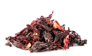 Heap of hibiscus tea on a white background. Isolated