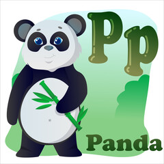 Letter P Cute panda with bamboo. teddy bear with blue eyes drawn in cartoon style. Children's English alphabet. Vector illustration isolated on white background © Oksana