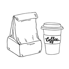 Coffee cup and a paper lunch bag. Hand drawn vector sketch with strokes